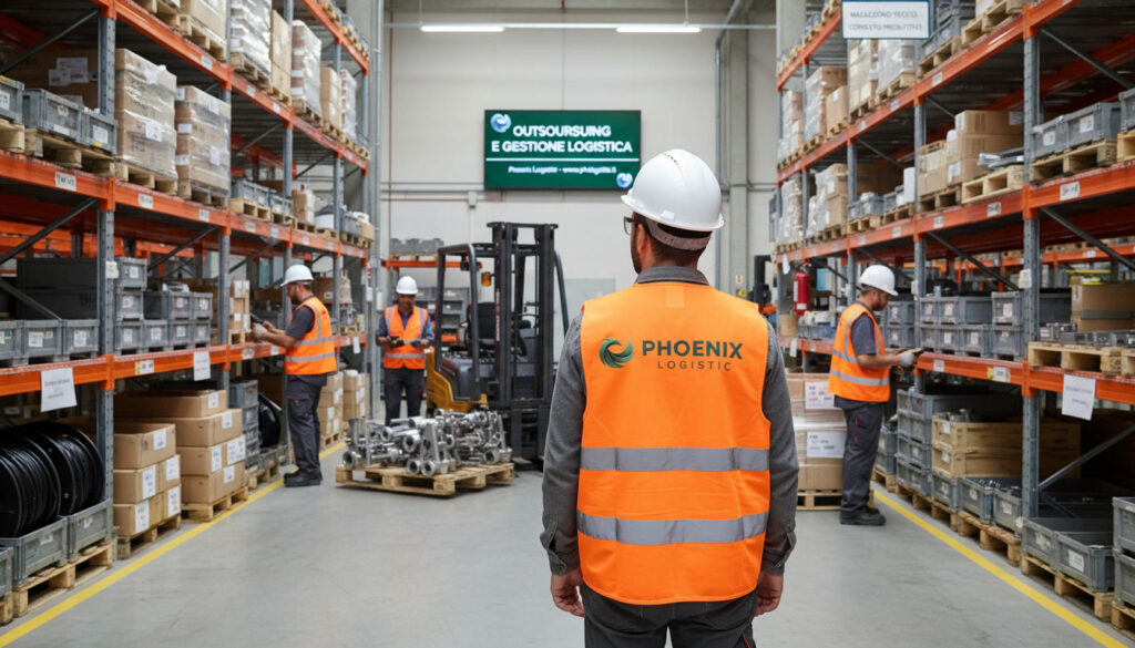 Worker in an orange high-visibility vest and white hard hat stands in a long warehouse aisle with tall metal shelves and pallets; sign reads 'OUTSOURCING E GESTIONE LOGISTICA' in the background.