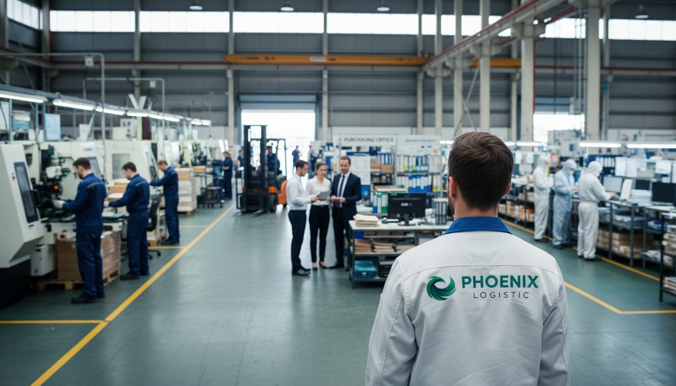 La schiena di un dipendente di Phoenix Logistics in un affollato stabilimento di produzione, con operai e attrezzature sullo sfondo; in primo piano, il logo sulla giacca è ben visibile.