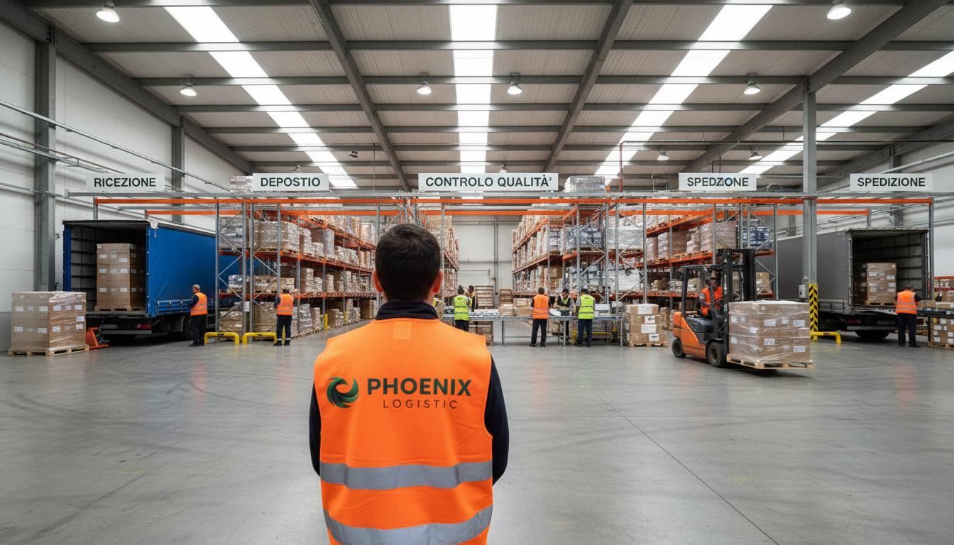 Warehouse worker in an orange safety vest stands with back to camera, supervising a large distribution center with tall shelves and pallets.