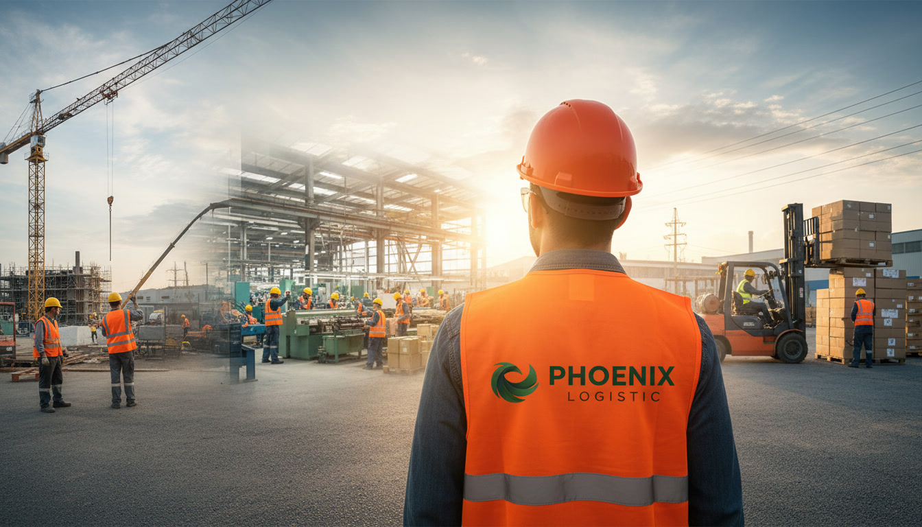Worker in orange safety vest and hard hat stands with back to camera at a busy construction/logistics yard; crane, machinery, and forklift in the background.