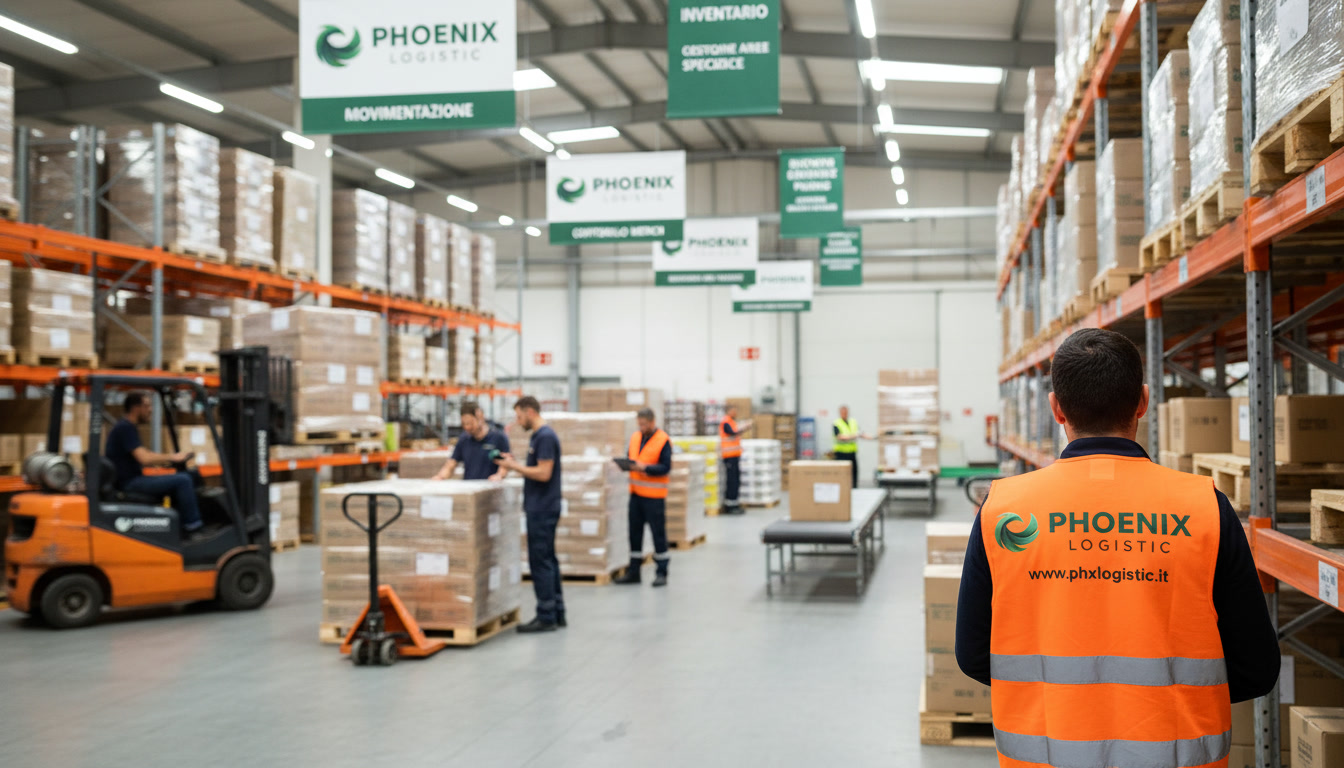 Warehouse scene at Phoenix Logistics with workers in orange vests, a forklift, and tall shelves stacked with boxes under bright lights.