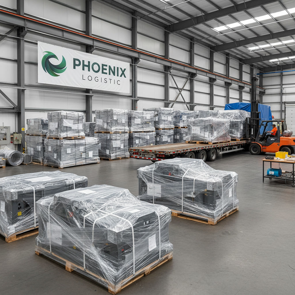 Warehouse interior with stacked wrapped pallets, a forklift loading a flatbed trailer, and a Phoenix Logistic banner on the wall behind