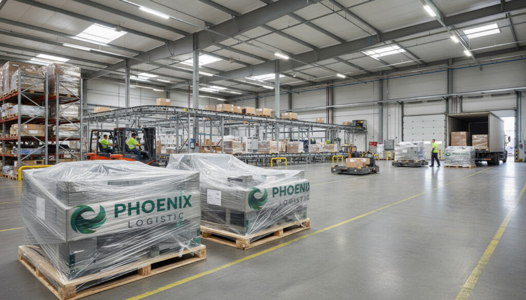 Warehouse interior with pallets wrapped in plastic on wooden pallets labeled 'PHOENIX LOGISTIC' ready for shipment