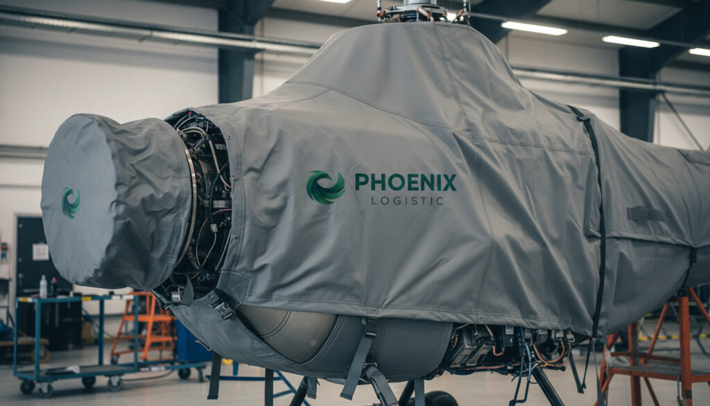 Large gray protective cover over a jet engine in a maintenance hangar, with the Phoenix Logistics logo visible on the side.