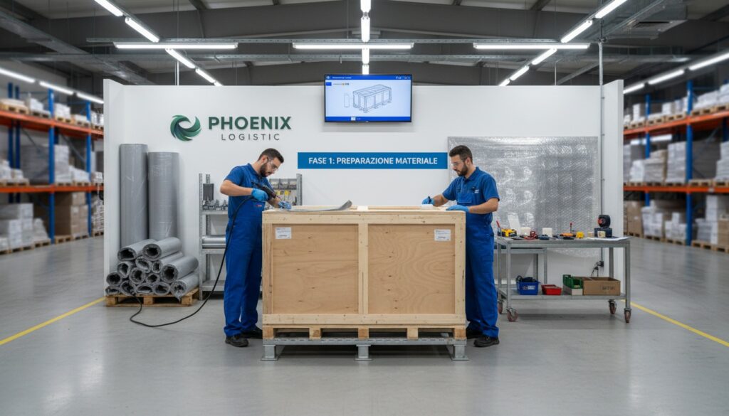 Two workers in blue overalls assemble a large wooden crate in a Phoenix Logistics workshop, beneath a 'FASE 1: PREPARAZIONE MATERIALE' sign.