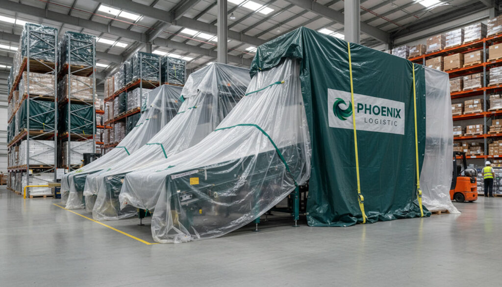 Large industrial machines wrapped in plastic sheeting inside a warehouse, with a green Phoenix Logistics cover.